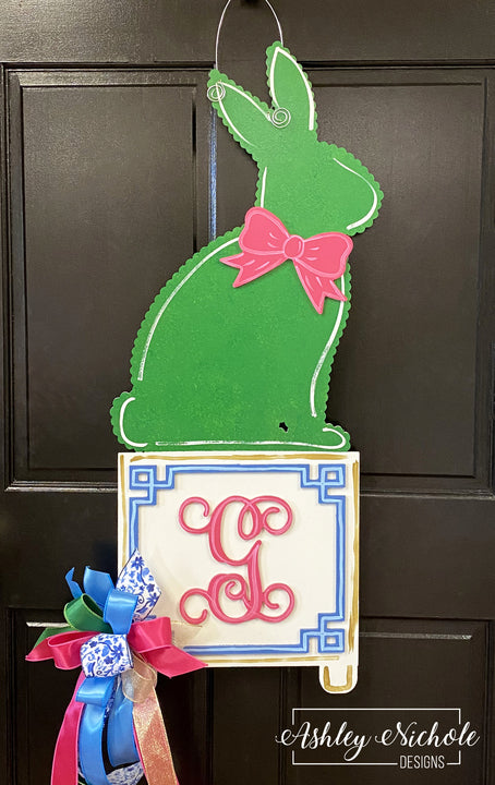 **Topiary Boxwood Bunny Door Hanger - (HAND PAINTED) SOLD AS IS LIKE PHOTO INITIAL "G" NO CUSTOMIZATION!**