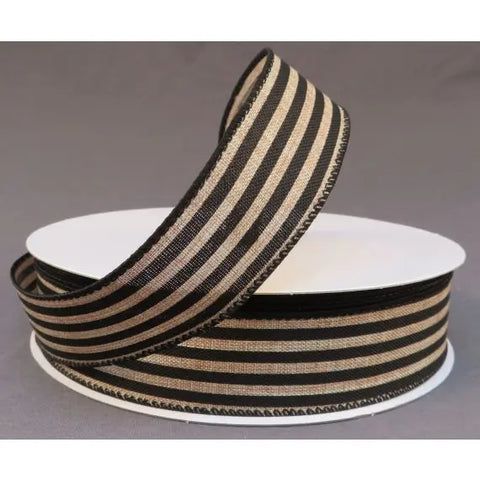 Black and Natural Burlap Stripe Wired Ribbon 1.5"x50Yds