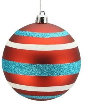 100mm Horizontal Stripe Ball - Red with Turquoise & White Stripe