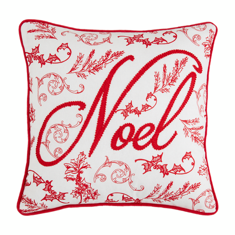 Square Noel Embroidered Pillow - White & Red