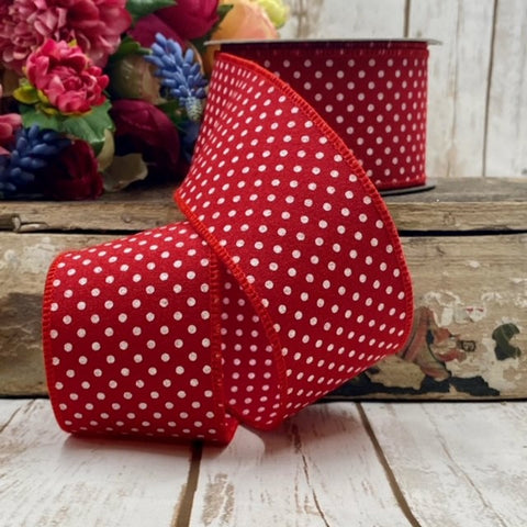 Faux Linen Double Sided Red w/ White Polka Dots Wired Ribbon - 2.5" x 10yds