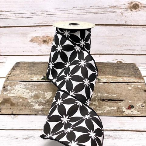 Black and White Daisy Wired Ribbon - 4"x10Yds
