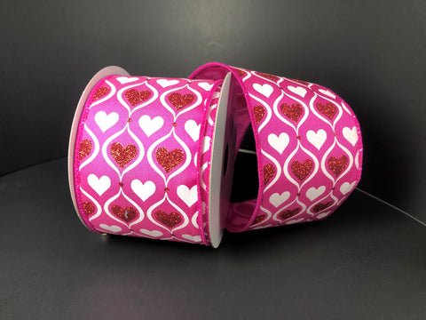 Fuchsia & White Hourglass Hearts Wired Ribbon  - 2.5" x 10yds
