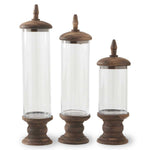 Glass Cylinder Containers w/Brown Wood Base Pedestal & Top-Set of 3