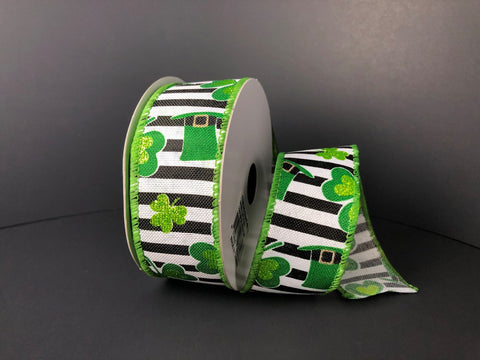 Clovers and Hats Stripe Wired Edge - 1.5" - 10 YDS
