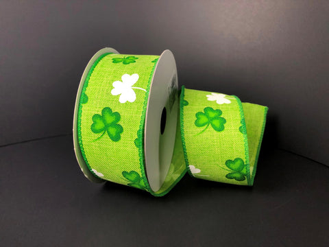 Green & White Shamrocks Wired Ribbon - 1.5" x 10yds