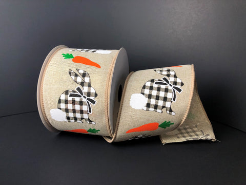 Gingham Bunnies and Carrots on Burlap Wired Ribbon - 2.5”x 10yds