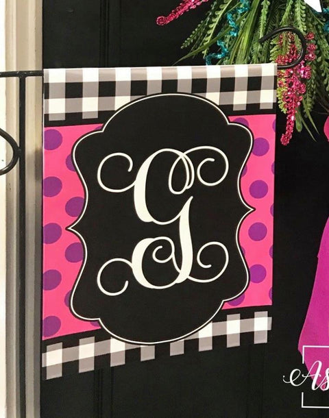 Buffalo Check and Polka Dot (PINK & PURPLE) Initial - Vinyl Garden Flag