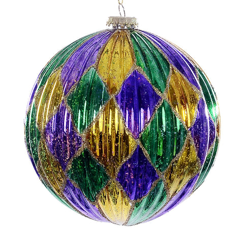Ornament Ball- 4.75" Purple Gold Green Diamond