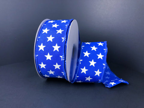 Royal Blue w/ White Stars Satin Wired Ribbon - 1.5" x 10yds