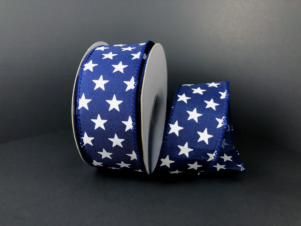 Navy w/ White Satin Star Wired Ribbon - 1.5