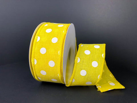 Yellow Linen w/ White Polka Dots Wired Ribbon - 1.5" x 10yds