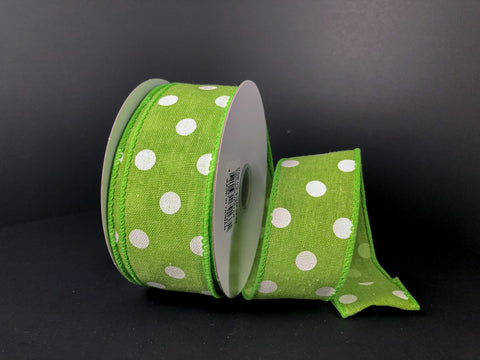 Lime Linen w/ White Polka Dots Wired Ribbon - 1.5" x 10yds