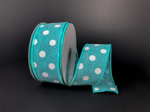 Turquoise With White Polka Dots Wired Ribbon - 1.5" x 10yds
