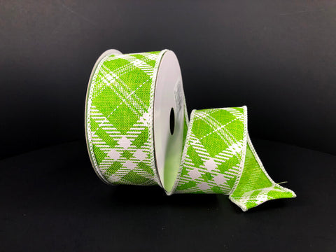 Lime Diagonal Plaid Wired Ribbon - 1.5" x 10yds