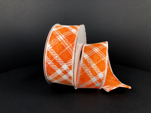 Orange w/ White Diagonal Plaid Wired Ribbon - 1.5" x 10yds