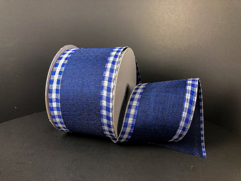 Navy Linen Blue/White Gingham Edge Wired Edge Ribbon - 2.5" - 10 YDS