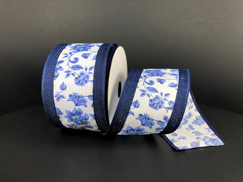 Blue Toile/Navy Wired Edge - 2.5" - 10 YDS