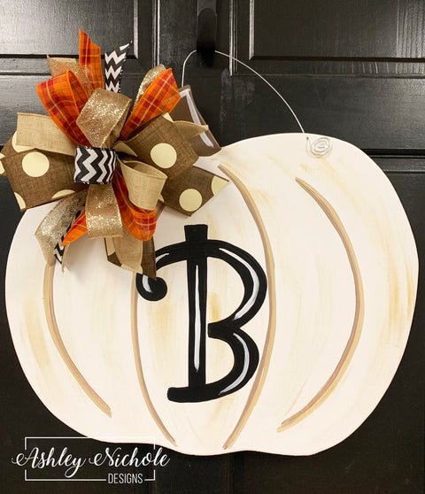 Pumpkin Distressed - White Neutral - Door Hanger (Hand-Painted)