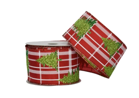 Red/White Plaid with Two Tones Green Glitter Christmas Tree - 2.5" - 10 YDS
