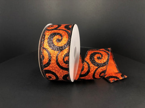 Orange Glitter w/ Black Swirl Wired Ribbon - 1.5" x 10yds