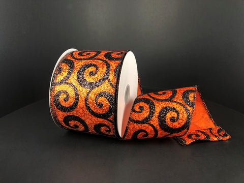 Orange Glitter w/ Black Swirl Wired Ribbon - 2.5" x 10yds