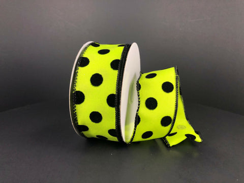 Lime w/ Black Polka Dots Wired Edge - 1.5" x 10yds