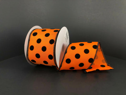 Orange w/ Mini Black Polka Dots Wired Ribbon - 2.5" x 10yds