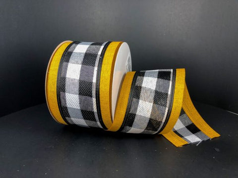 B&W Buffalo Check With Sunflower Yellow Border Wired Ribbon - 2.5"x10Yds
