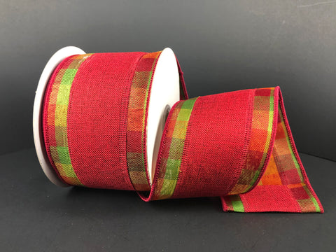 Fall Plaid Edge w/ Red Center Wired Ribbon - 2.5" x 10yds