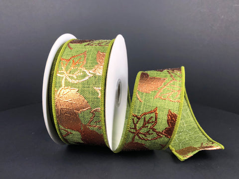 Moss w/ Metallic Bronze Leaves Wired Ribbon - 1.5" x 10yds