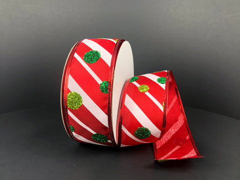 Multi Green Dot on Candy Cane Wired Ribbon - 1.5"x10Yds