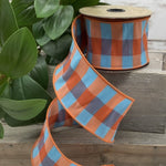 Aqua & Orange Dupioni Checked Wired Ribbon - 2.5" x 10yds