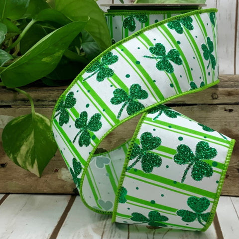 Satin Stripe Glitter Shamrocks Wired Ribbon - 2.5"x10Yds