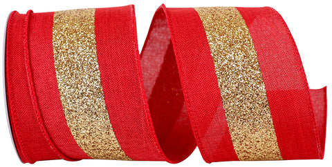 Red/Gold Bold Glitter Center Stripe Wired Ribbon - 2.5"x10Yds