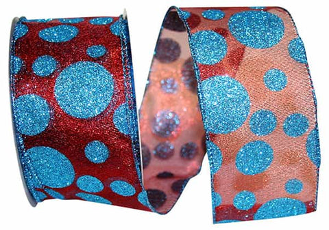 Blue Glitter Dots On Red Sheer Wired Ribbon - 2.5" x 10yds