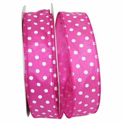 Hot Pink Satin w/ White Polka Dots Wired Ribbon - 1.5" x 50yds