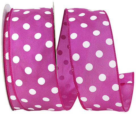 Fuchsia Satin w/ White Polka Dots Wired Ribbon - 2.5" x 50yds