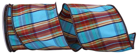 Turquoise & Brown Plaid Dupioni Wired Ribbon - 4" x 10yds