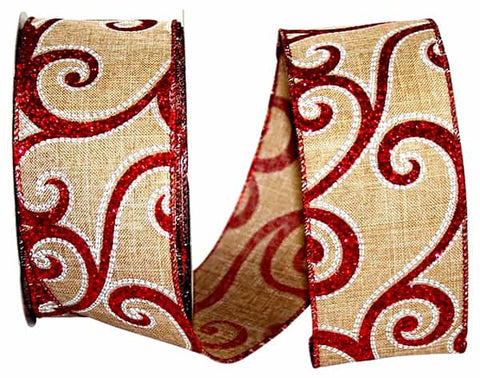 Red Glitter Swirl Burlap Wired Ribbon - 2.5"x 20yds