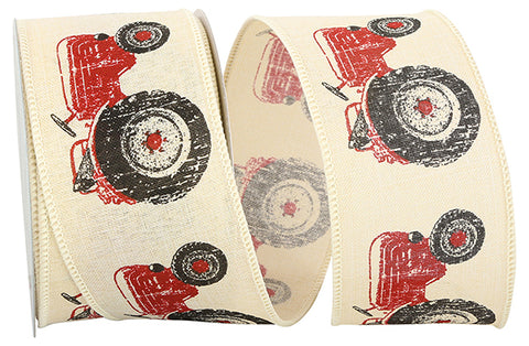Red Tractor Wired Ribbon - 2.5" x 10yds