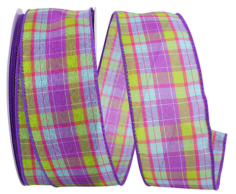 Purple Bright Plaid Wired Ribbon - 2.5" x 50yds