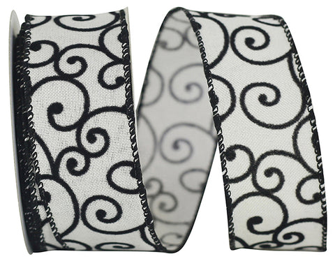 Black and White Swirl Wired Ribbon - 1.5"x10Yds