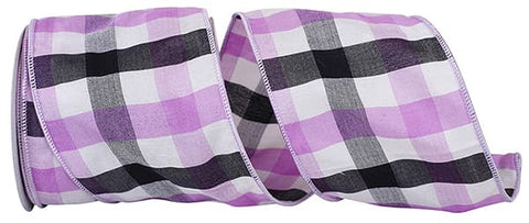 Lavender, Black & White Plaid Wired Ribbon - 4" x 10yds