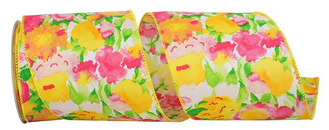 Yellow Bright Floral Wired Ribbon - 4" x 10yds
