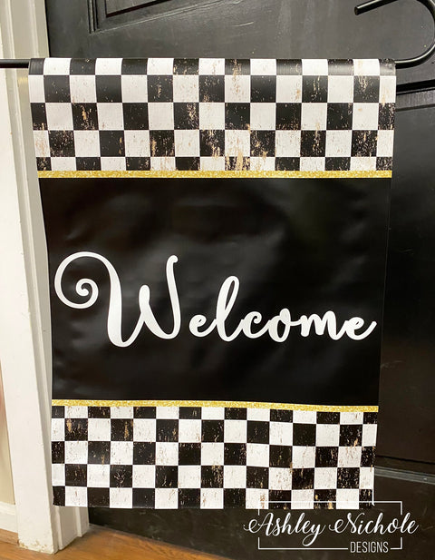 Black & White Checkered with Gold Vinyl Garden Flag - Welcome