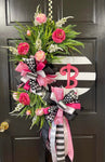 Black, White & Pinks Initial Striped Plaque Wreath - CHOOSE your initial!!