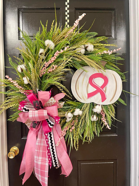 Breast Cancer White Pumpkin Wreath