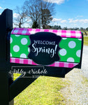 Buffalo Check Pink and Green Vinyl Mailbox Cover - Welcome Spring