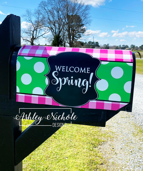 Buffalo Check Pink and Green - Welcome Spring - Magnetic Vinyl Mailbox Cover